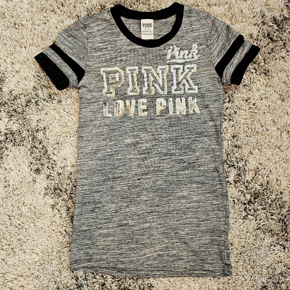 Women's Extra Small Victoria's Secret PINK Love Pink Gray Black Sequin Top